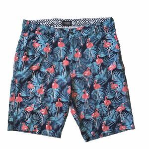 Trunks Swim Hybrd Shorts Mens Size 34 Flamingos Blue Pink Pockets Multi-Function